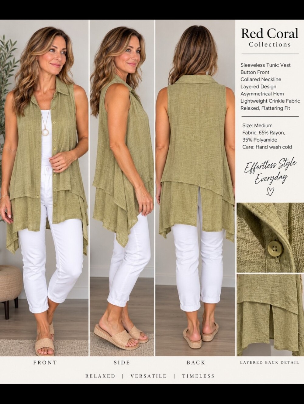 Red Coral Collections Olive Crinkle Layered Tunic Vest – M